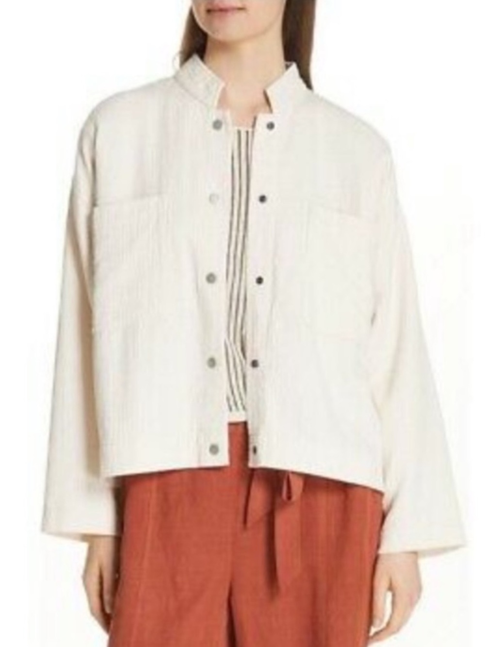Eileen Fisher Channel Mandarin Collar Jacket Cream 100% Organic Cotton L/XL